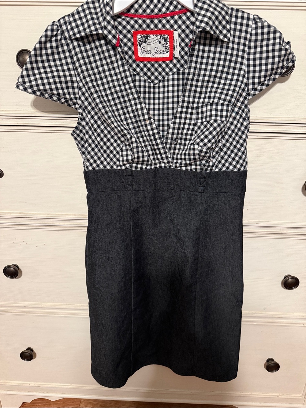 VINTAGE Guess Black & White Gingham Bodice Dress with Black Skirt